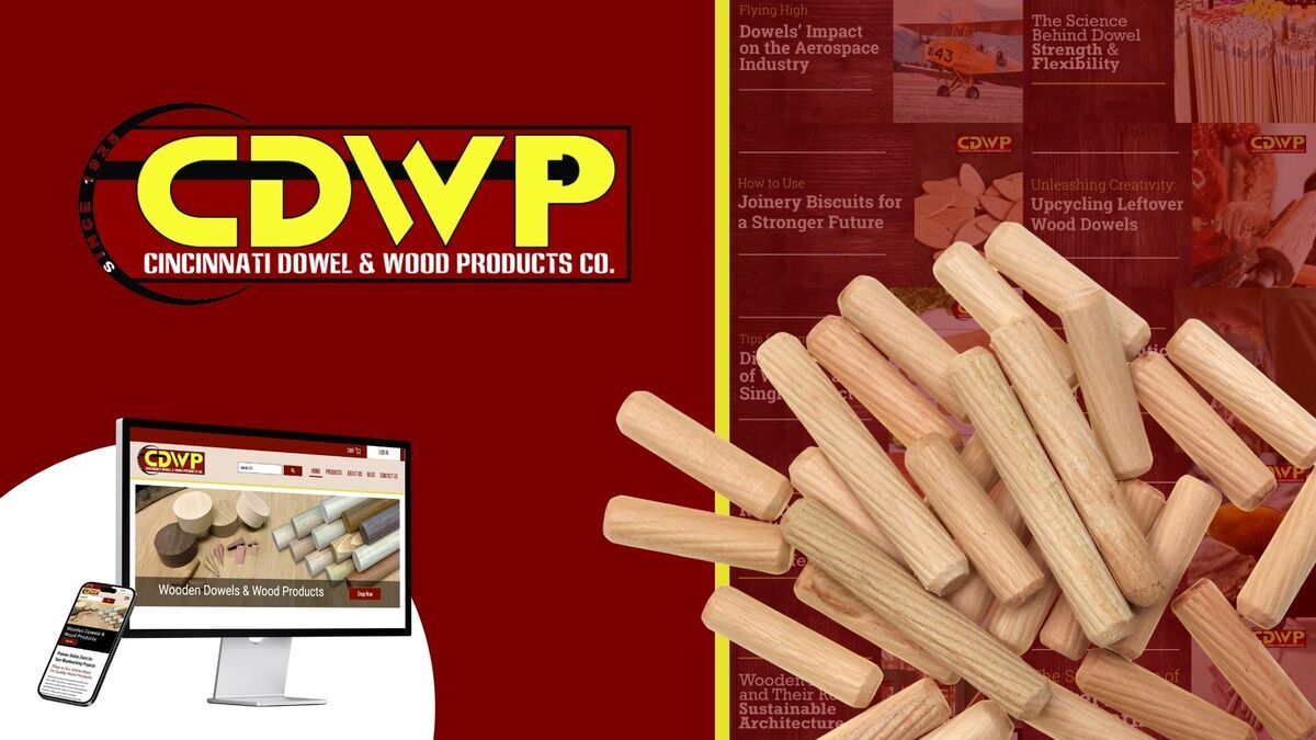 Cincinnati Dowel & Wood Products logo with website and dowels